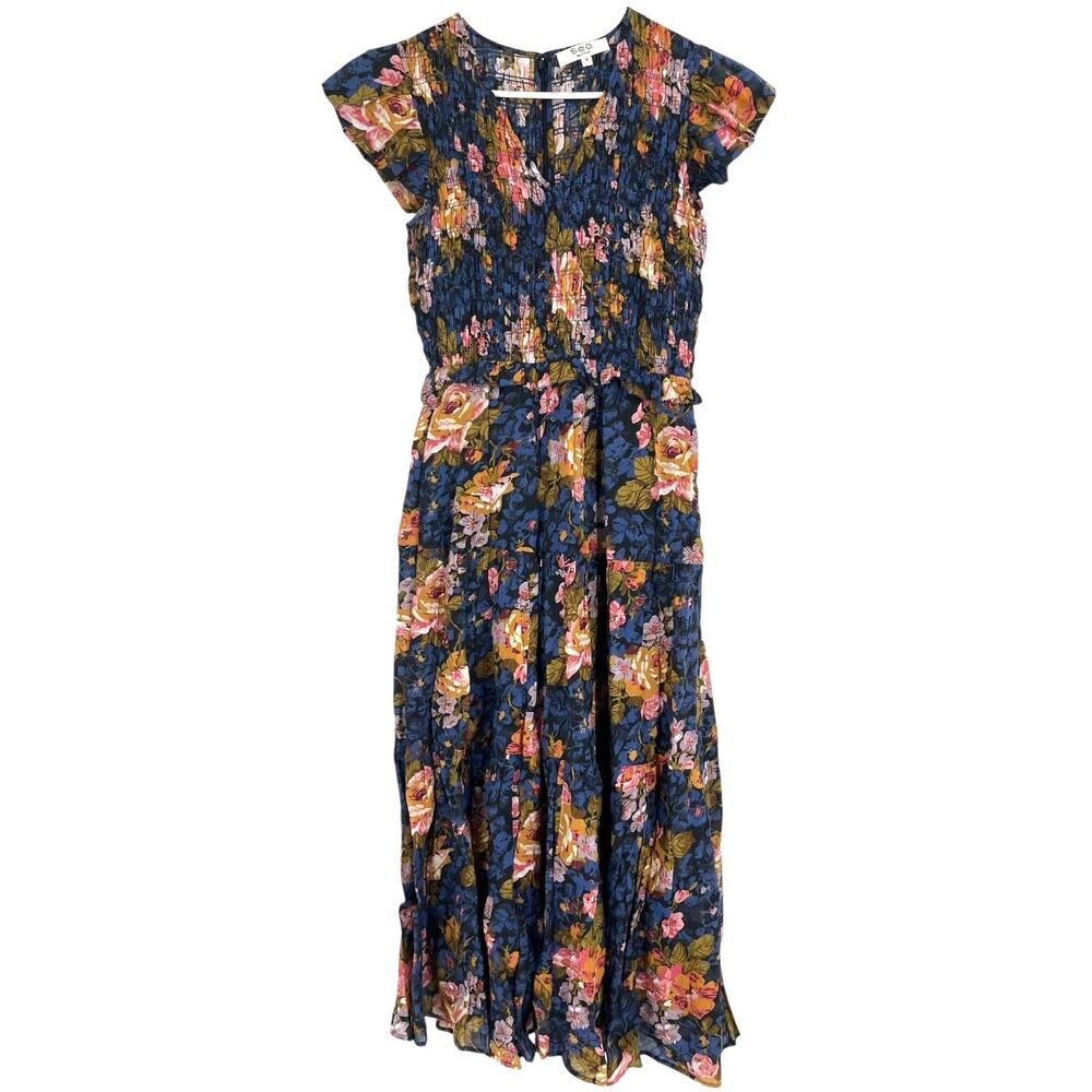 Sea New York Smocked Floral Tiered Maxi Dress Pockets Women's Size 2